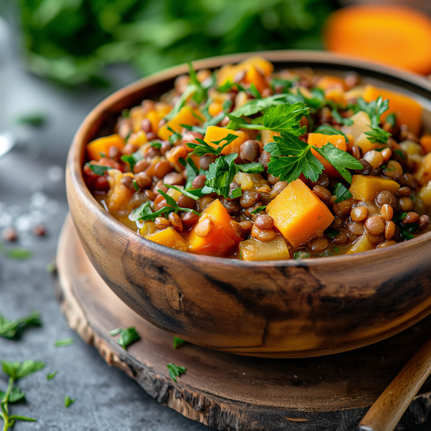 Ein dampfender Teller Linseneintopf mit Karotten, Kartoffeln und frischen Kräutern, serviert in einer rustikalen Holzschale