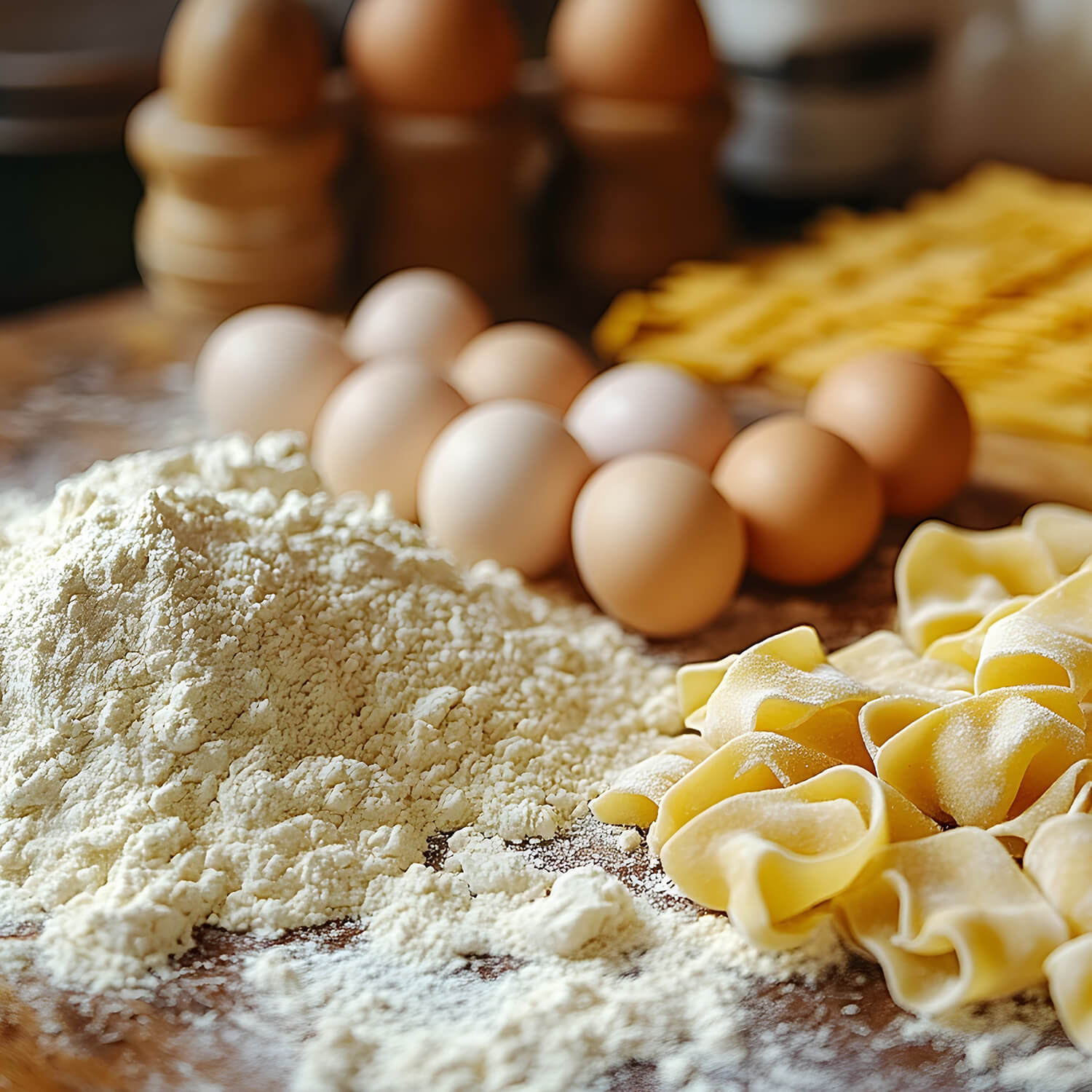 Frische Pasta-Zutaten mit Mehl, Eiern und verschiedenen Nudelsorten auf einem rustikalen Holzbrett