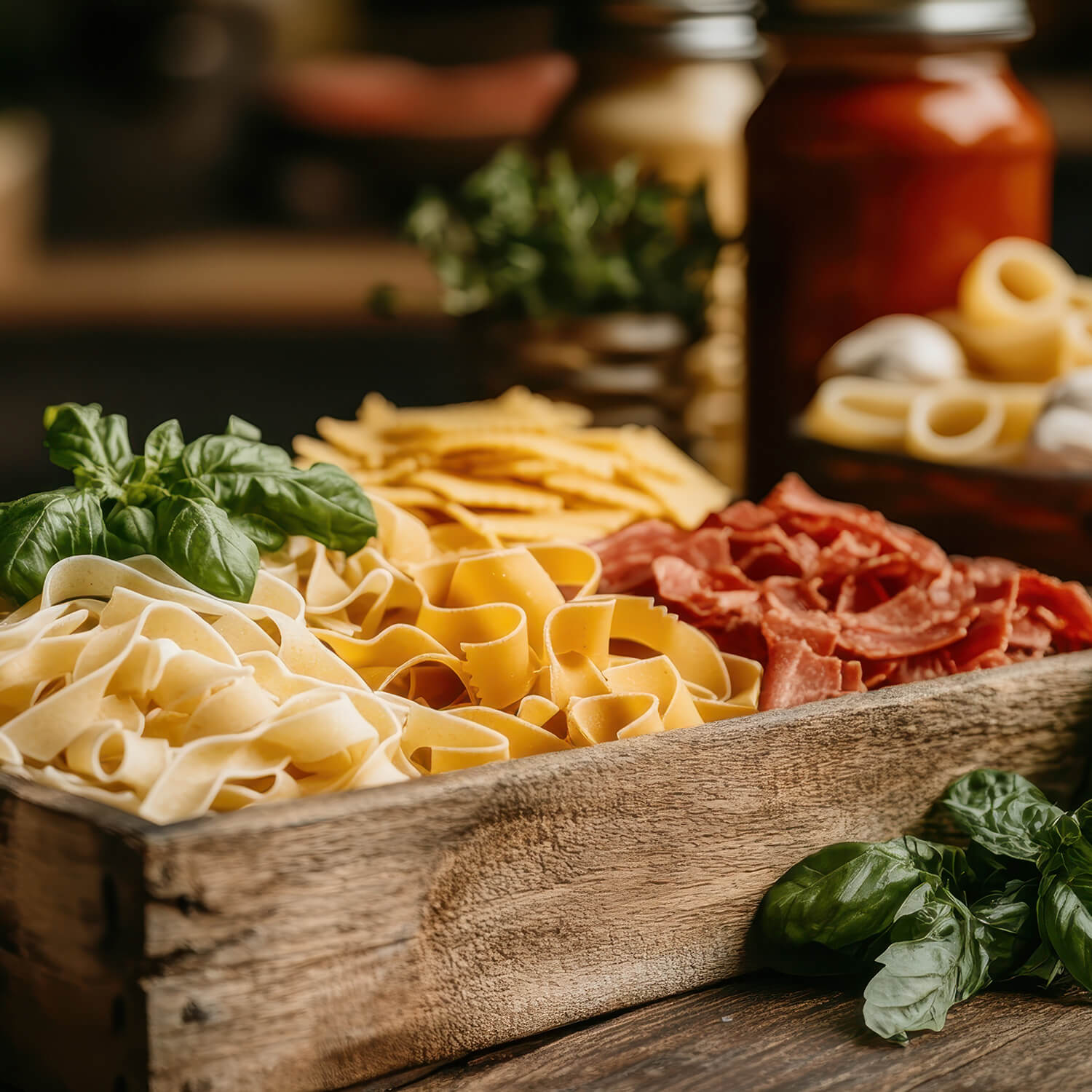 Eine Holzkiste mit frischer Pasta, Tomaten, Basilikum und Gewürzen, perfekt für ein italienisches Gericht