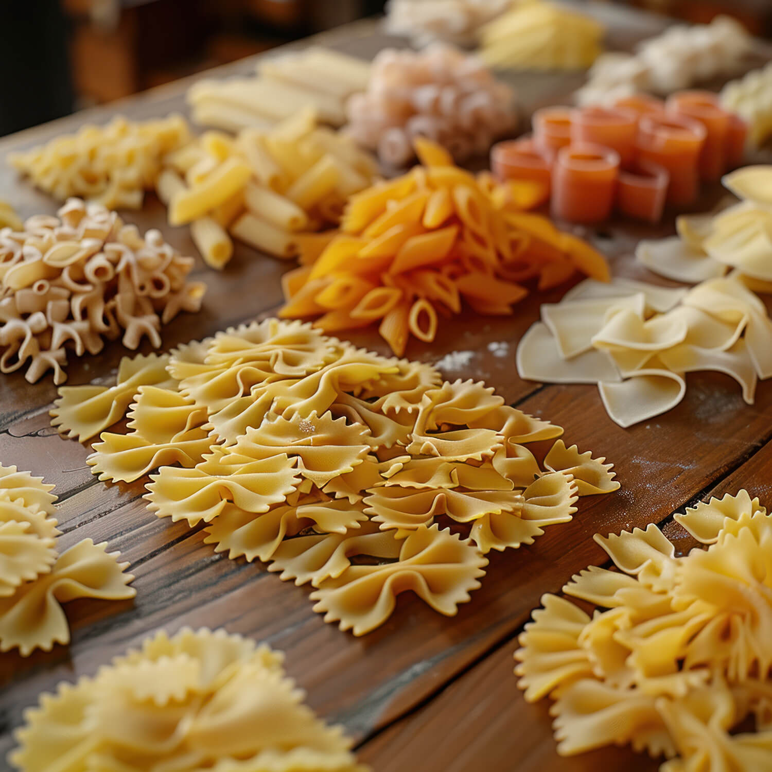 Verschiedene Pastaformen, darunter Farfalle, Penne und Fusilli, liebevoll auf einem Holztisch arrangiert