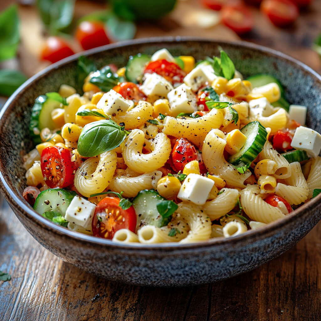Ein gesunder Nudelsalat mit Tomaten, Gurken, Mais, Paprika und Feta-Käse, angerichtet in einer rustikalen Schüssel.