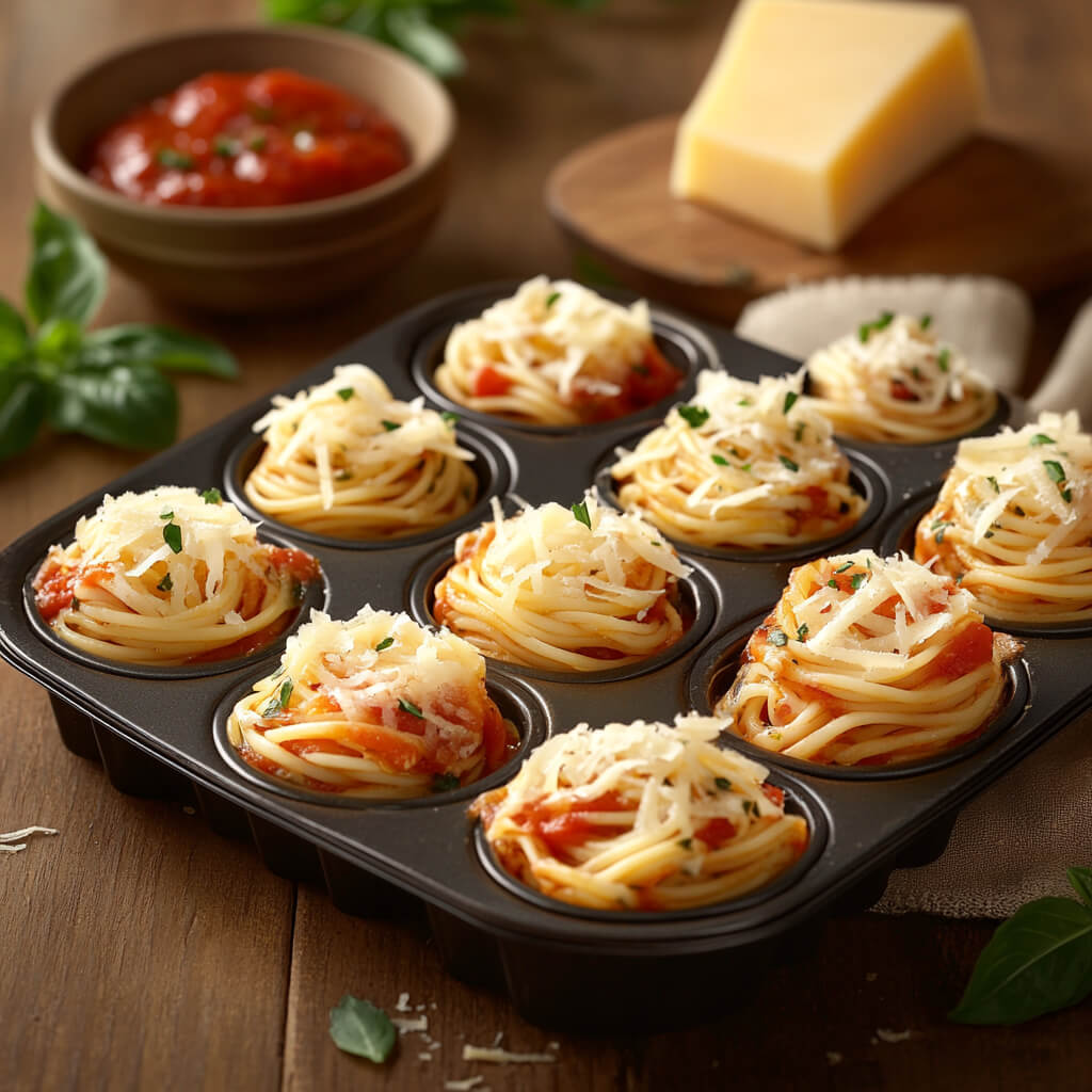 Kleine, gebackene Spaghetti-Nester mit Tomatensauce, serviert in einer Muffinform, mit geriebenem Käse bestreut.