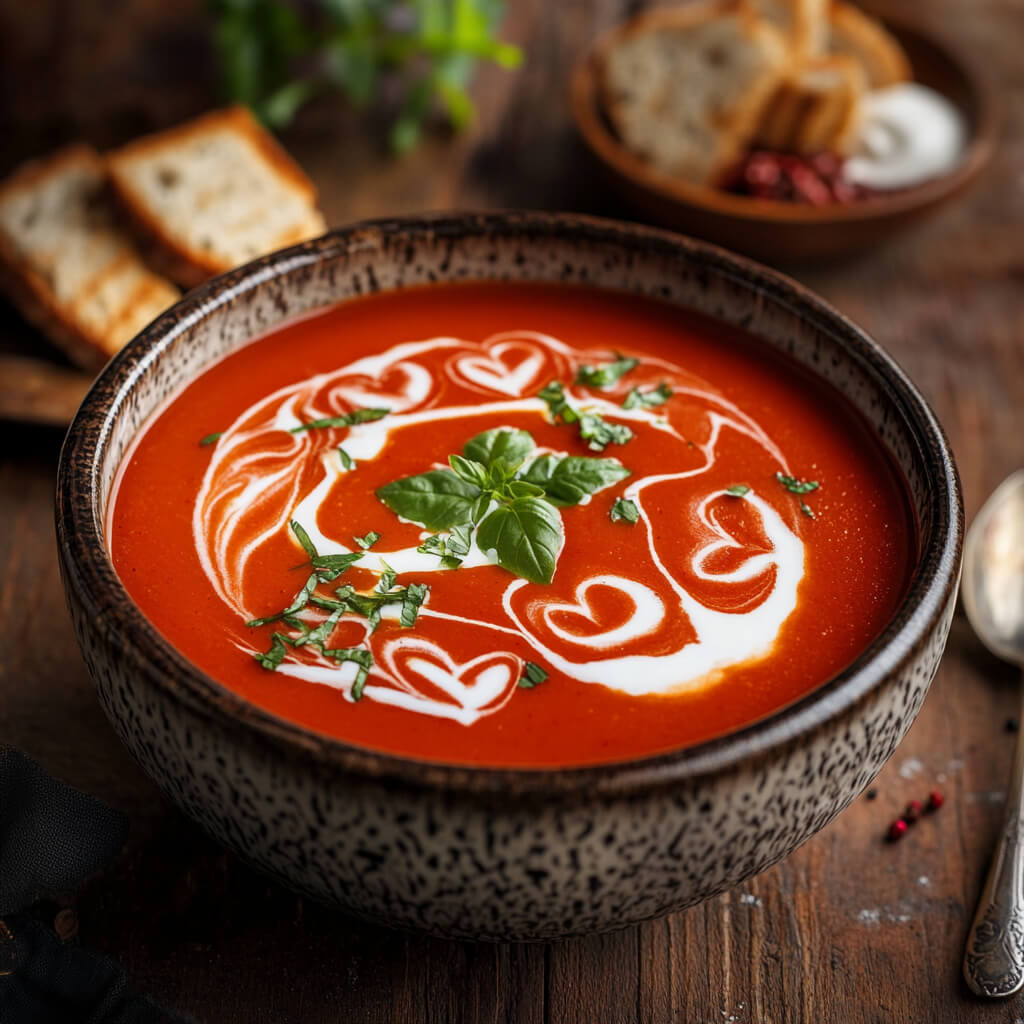 Eine rustikale Schüssel mit cremiger Tomatensuppe, verziert mit Sahneherzen und frischen Kräutern, serviert mit Brot.