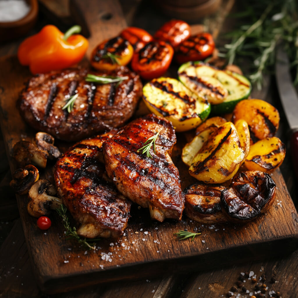 Gegrilltes Fleisch mit Röstaromen, serviert mit geröstetem Gemüse wie Zucchini, Kartoffeln und Tomaten, mit Brenz Grillgewürz gewürzt