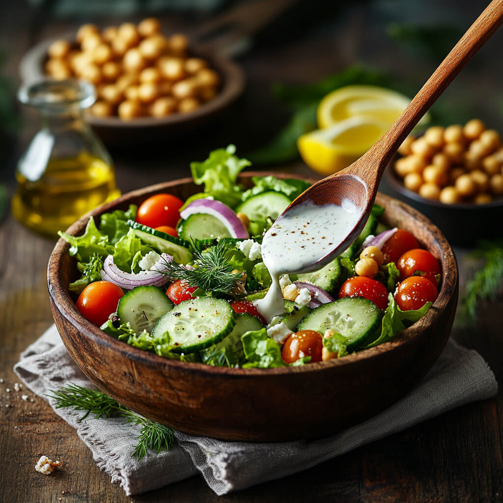 Ein gesunder Salat mit Gurken, Tomaten, roten Zwiebeln und Kichererbsen, garniert mit frischen Kräutern und einem Dressing mit Brenz Salatwunder