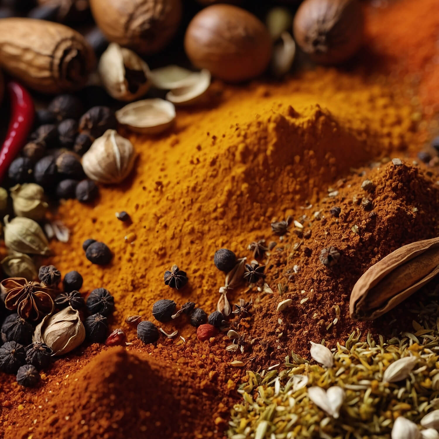 Verschiedene Gewürze wie Kurkuma, Paprika und Pfeffer, dekorativ mit Sternanis und getrockneten Chilis