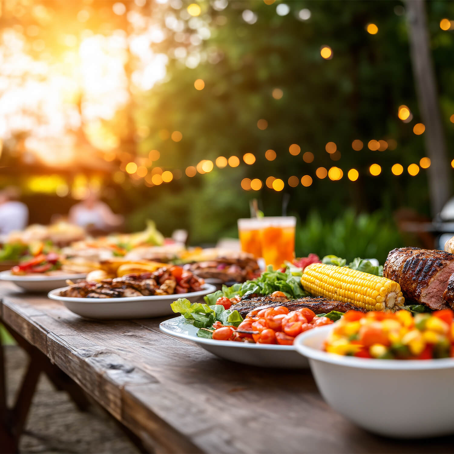 Reich gedeckter Tisch bei Sonnenuntergang, mit vielfältigen Grillgerichten, verfeinert mit Brenz Gewürzen