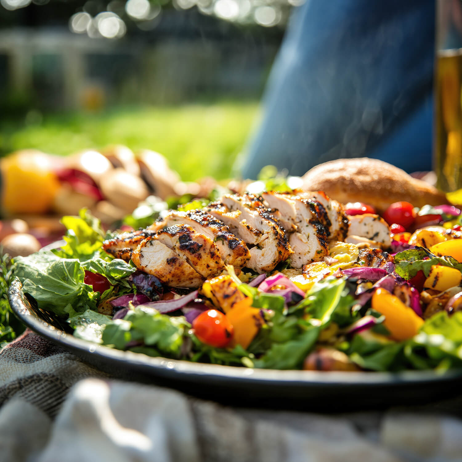 Gegrilltes Hähnchen auf einem frischen Salat, verfeinert mit Brenz Salatwunder für eine geschmackliche Note