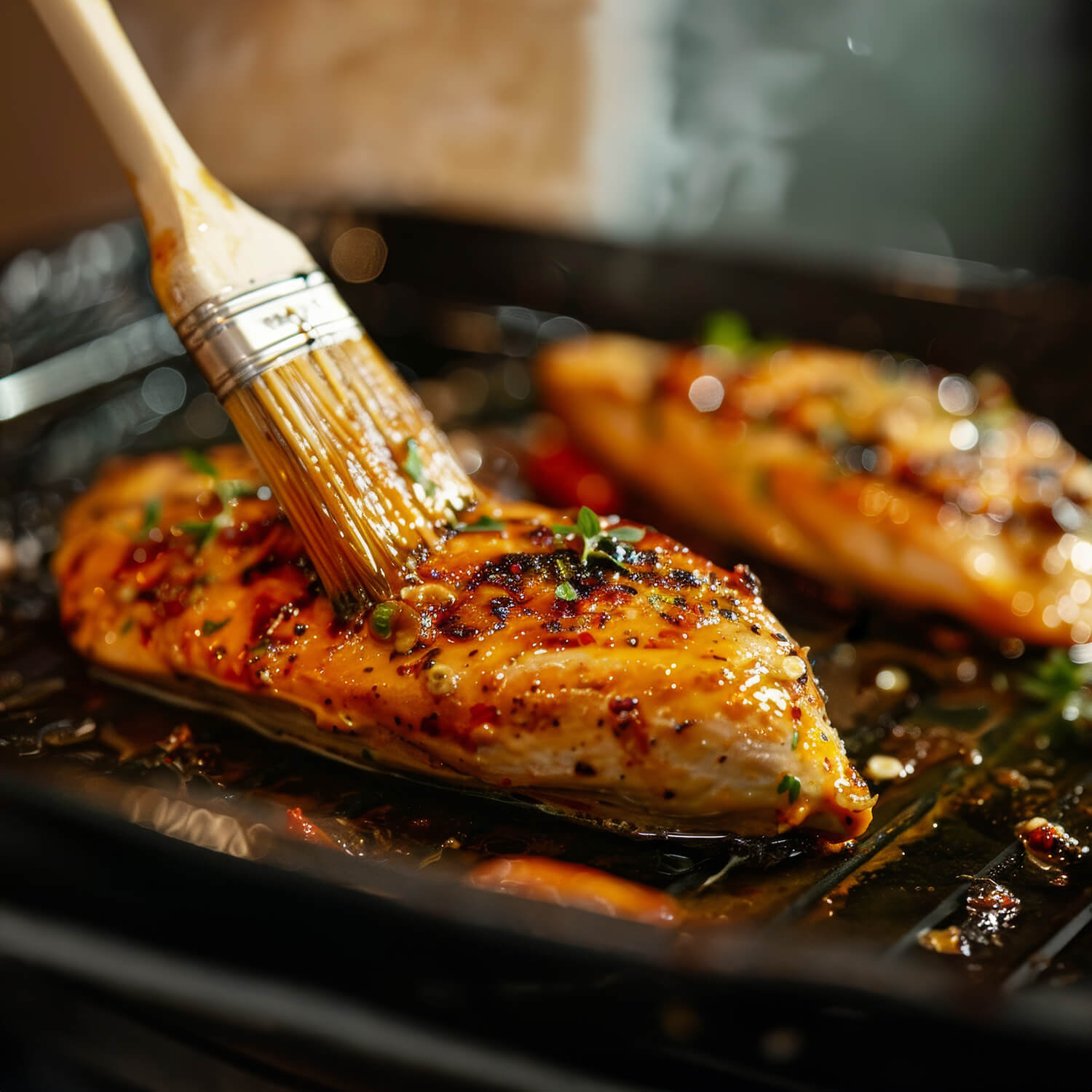 Hähnchenbrust wird mit einem Pinsel mariniert, gewürzt mit Brenz Grillgewürz für ein aromatisches Grillaroma