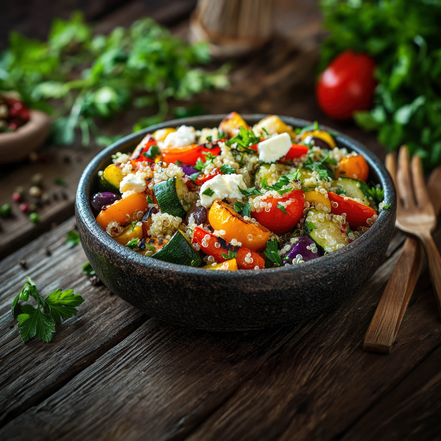 Schale mit bunter Gemüsepfanne, verfeinert mit Brenz Kräutersalz, bereit zum Servieren